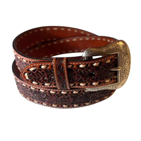 Twisted X Belt Brown Leather Tooled Belt Silver Embossed Buckle Western Size 42 - Picture 1 of 7